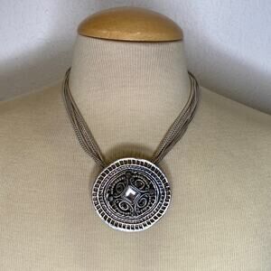 Chico’s Silver-Tone Byzantine Style Medallion Pendant Necklace Crystal EUC OS